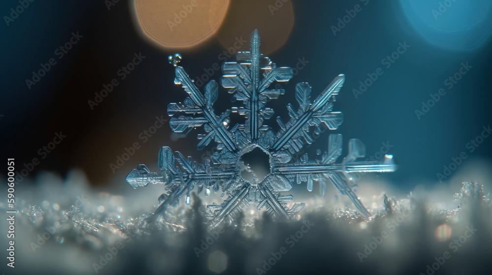 Poster a close up of a snowflake with a blurry image of the snow on the ground in the background and a blur