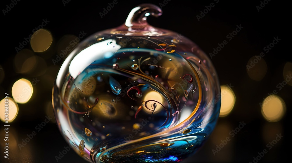 Poster a glass ball with a swirly design on it's side and a black background with lights in the back ground