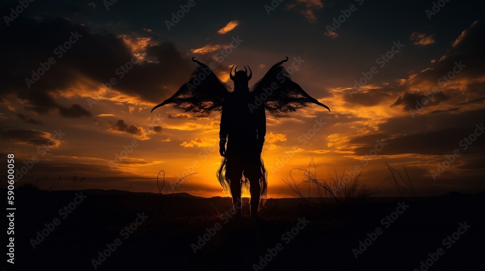Poster a silhouette of a person with wings in front of a sunset with clouds in the sky and a person standin