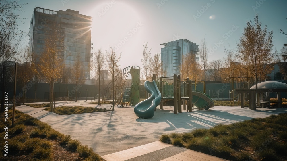Aufkleber a playground with a blue slide and a green slide in the middle of the park with trees and buildings 