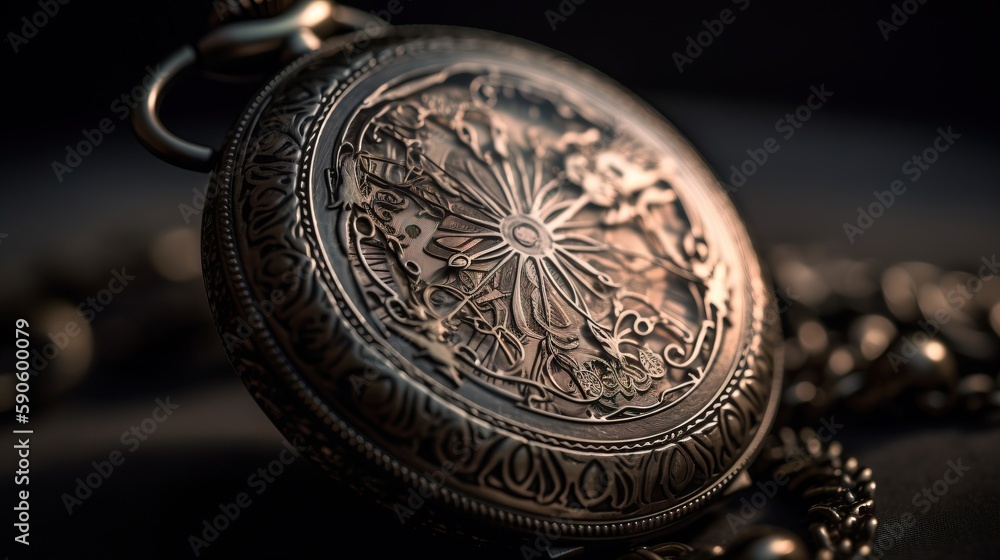 Poster a close up of an antique pocket watch on a black surface with a chain around it and a chain around t