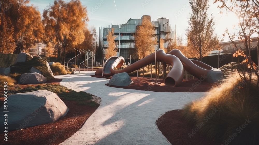 Poster a children's play area with a slide in the middle of the park and a building in the back ground with