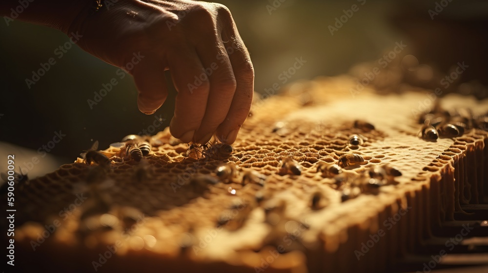Poster a person touching a piece of honey on top of a wooden table with honeycombs on top of it and a hand 
