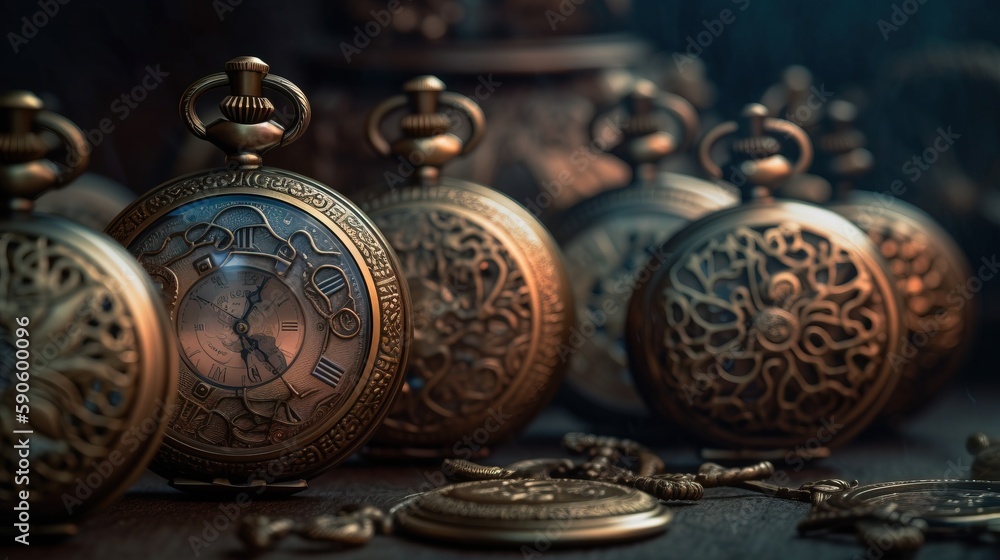 Poster a group of antique pocket watches sitting next to each other on a table with a clock in the middle o