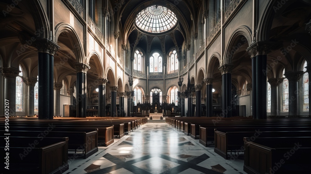 Poster a church with a large stained glass window and a checkered floor and pews in the center of the room 