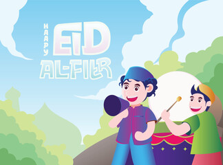 Happy Eid Al-Fitr or Ramadhan Kareem Banner Design with an illustration concept of expressing the joy of Eid through takbir. vector illustration