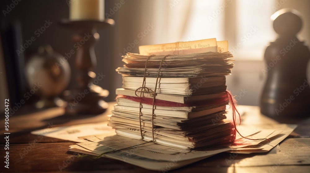 Aufkleber a stack of books sitting on top of a wooden table next to a candle and a wooden table with a clock o