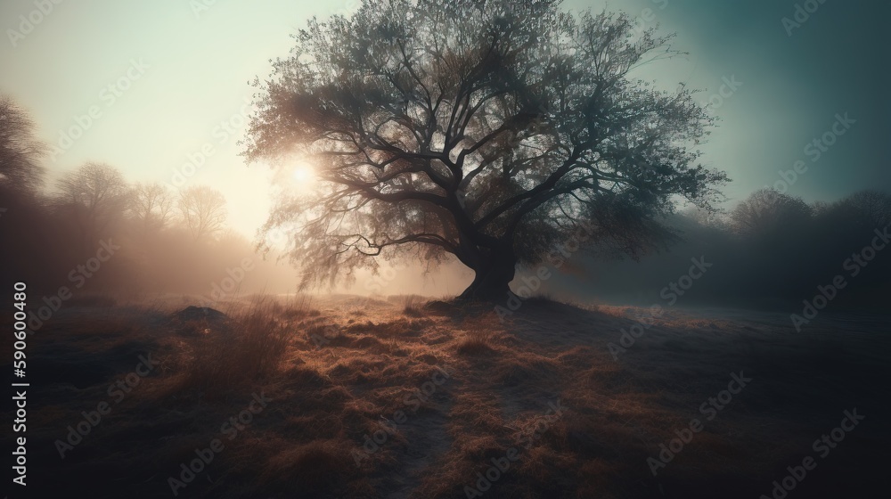 Poster a lone tree in a field with a foggy sky in the background and sun shining through the branches of th