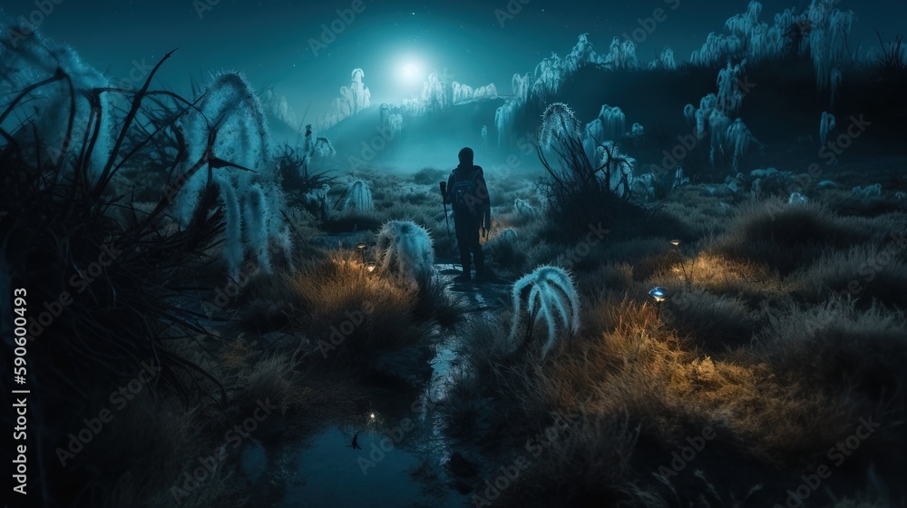 Poster a man standing in a swamp at night with a full moon in the sky above him and a path leading to a for
