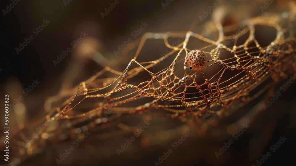 Poster  a close up of a spider's web on a tree branch with dew drops on the spider's web and a blurry background.  generative ai