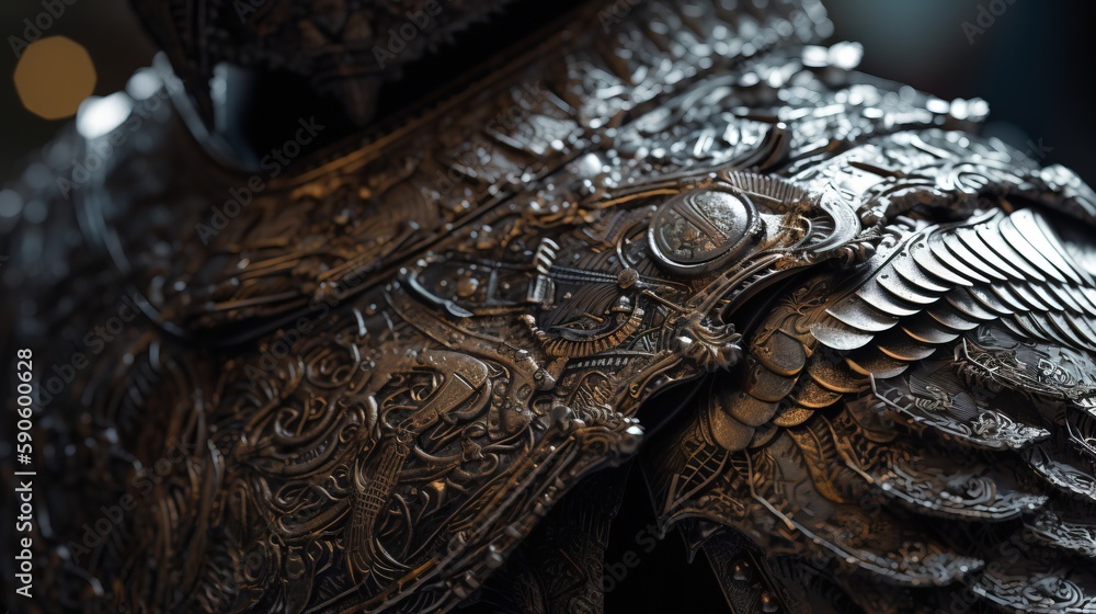 Poster a close up of a leather jacket with a bird design on the back of the jacket and the collar of the ja