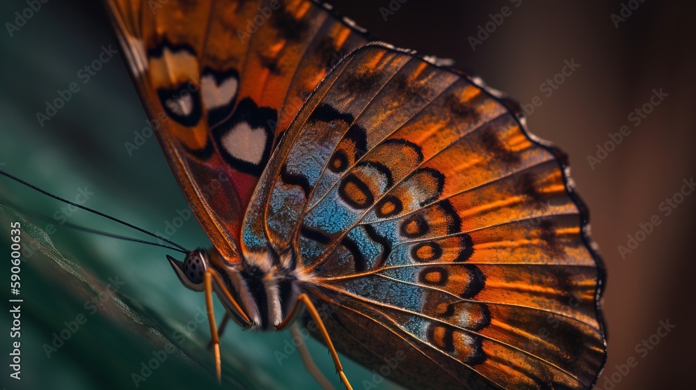 Poster a close up of a butterfly on a leaf with a blurry background of the wings and the back end of the wi