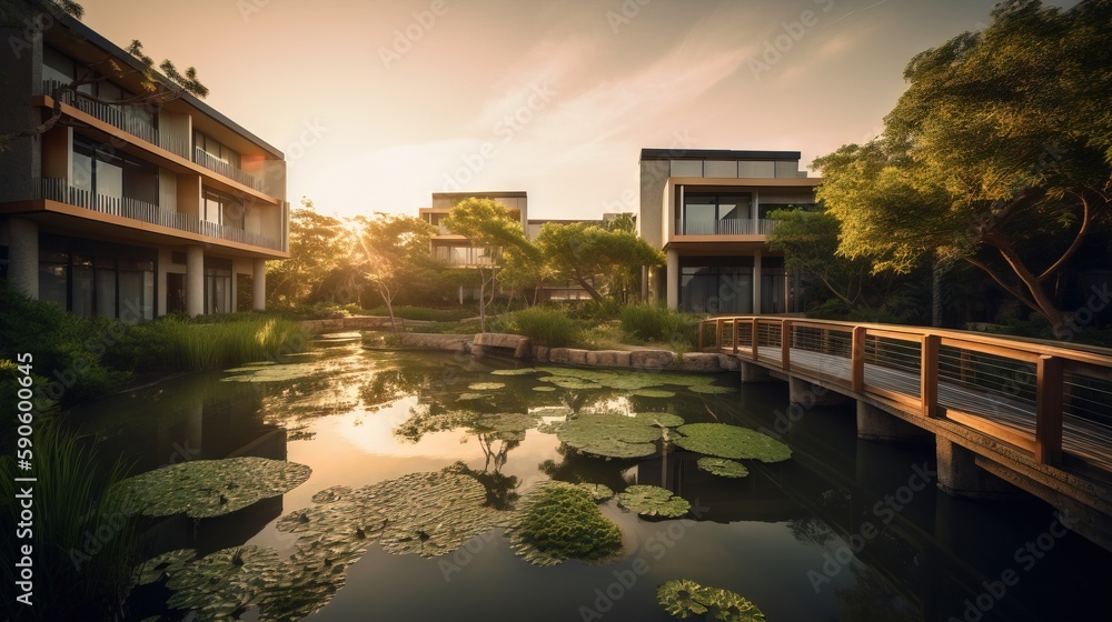 Aufkleber a pond with lily pads in front of a row of apartment buildings with a wooden walkway leading to the 