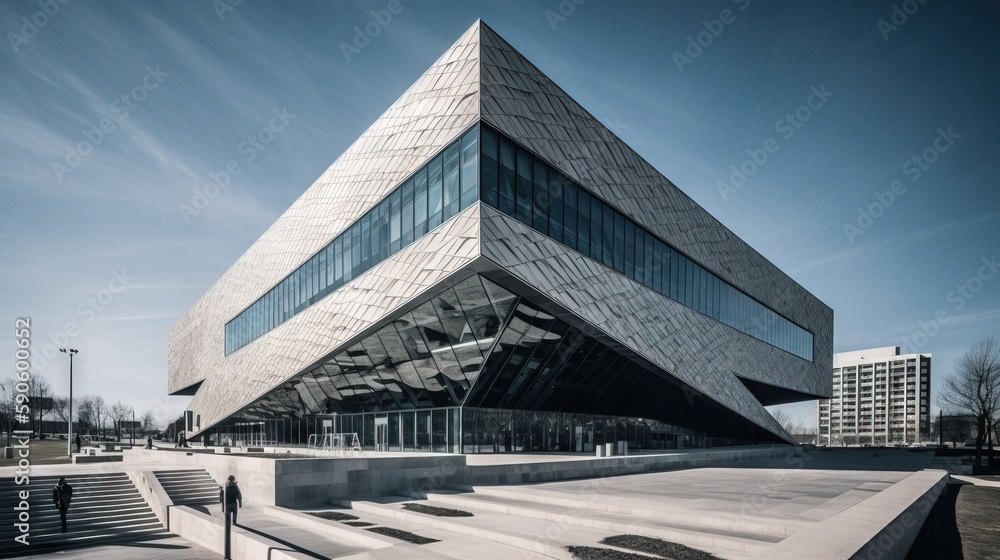 Poster a large building with a triangular design on top of it's sides and a staircase leading up to the top