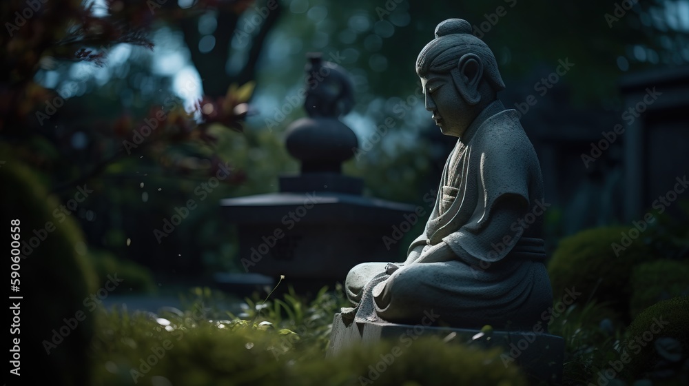 Poster a statue of a person sitting in a garden with a bird on top of a birdbath in the background and anot