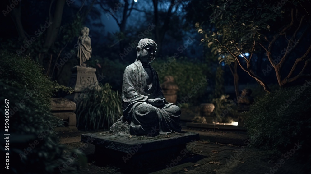 Poster a statue of a person sitting on a bench in a garden at night with a full moon in the sky behind it a