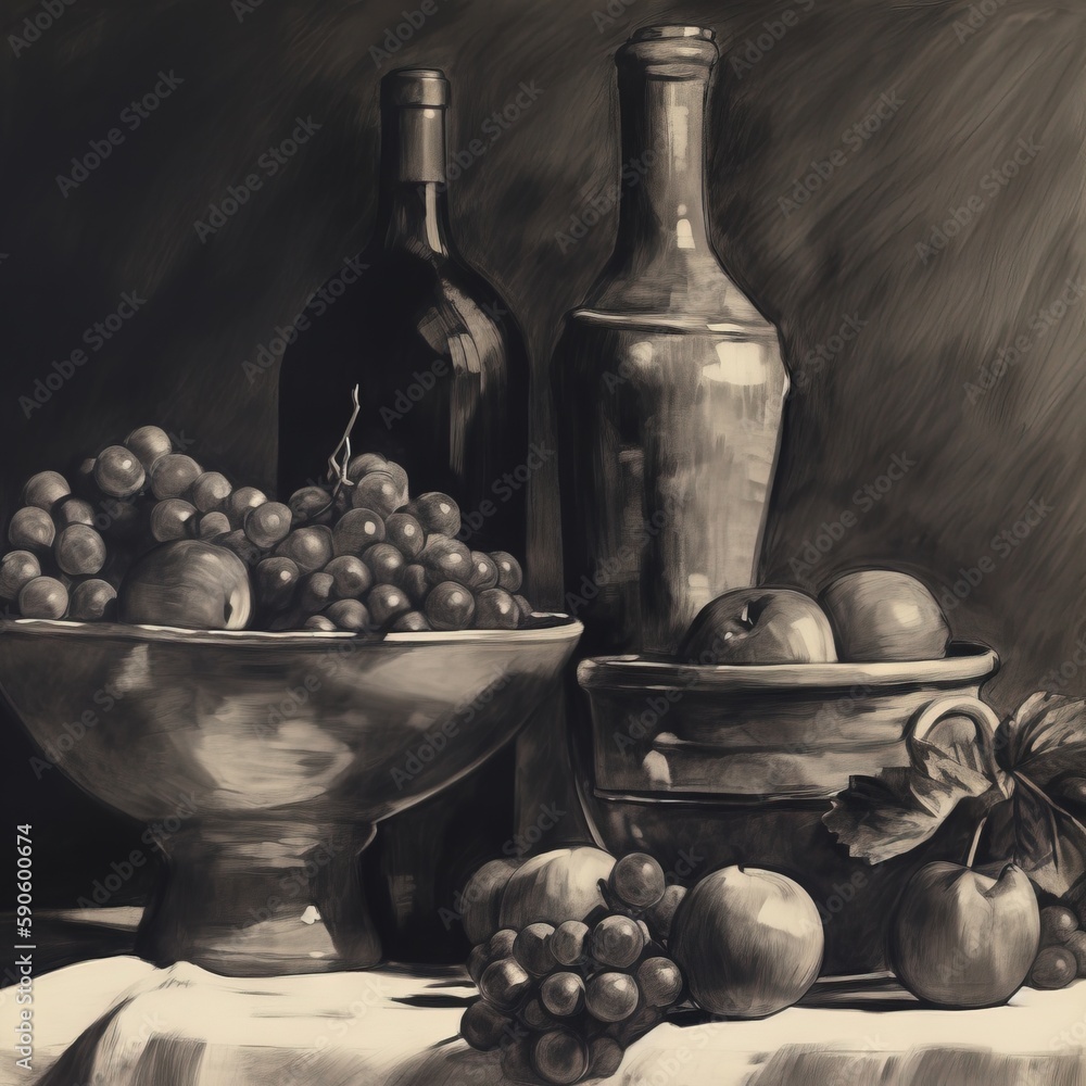 Poster a painting of a bowl of grapes and a bottle of wine on a table cloth with a cloth on the table cloth