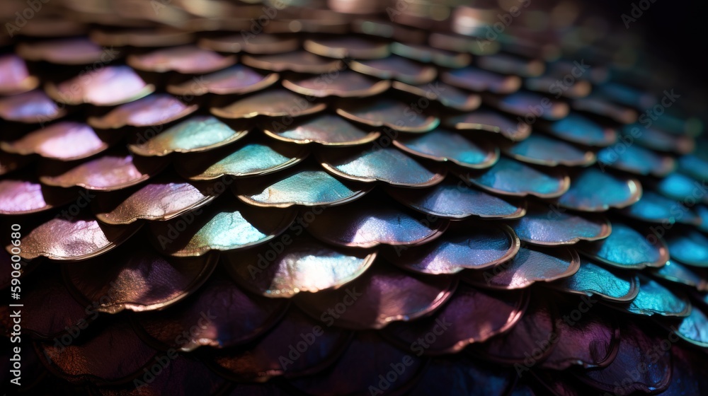 Poster a close up of a pattern of shiny scales on a table top with a black background and a blue and purple