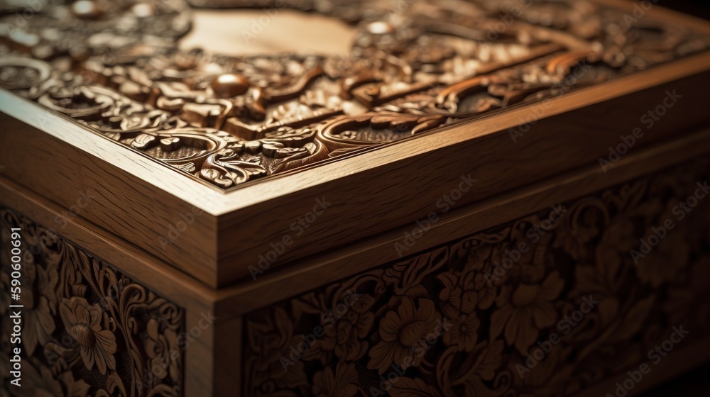 Poster a close up of a wooden box with intricate carvings on it's sides and a metal object in the middle of