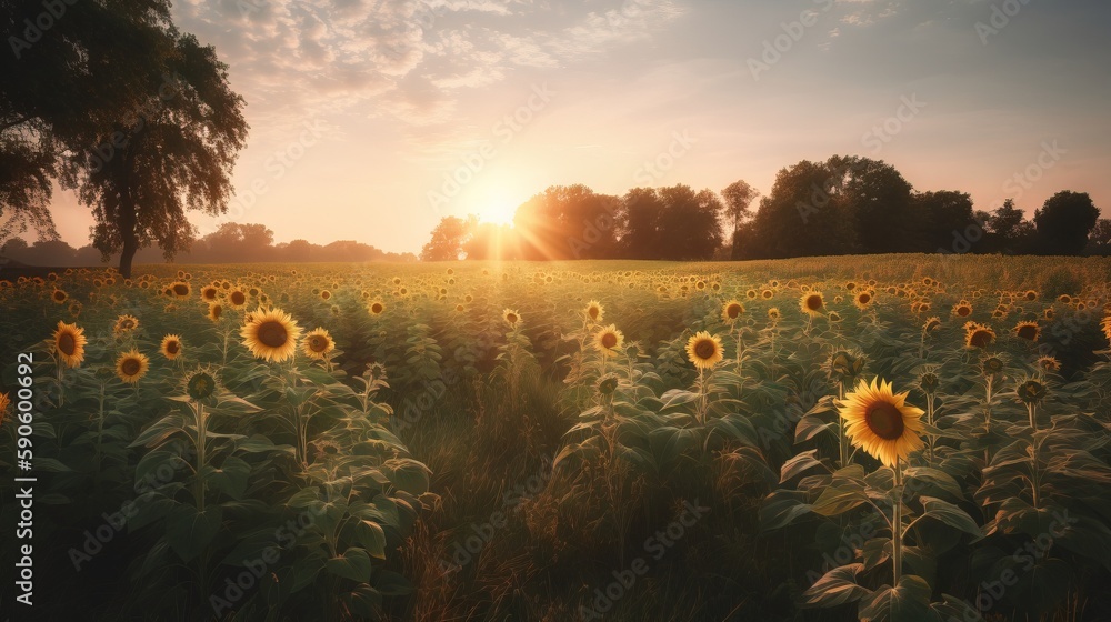 Poster a field of sunflowers with the sun setting in the background and trees in the foreground, with a fie