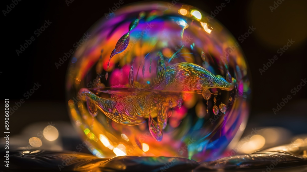 Poster a colorful glass ball with a bird inside of it on a table with lights in the backround of the glass 
