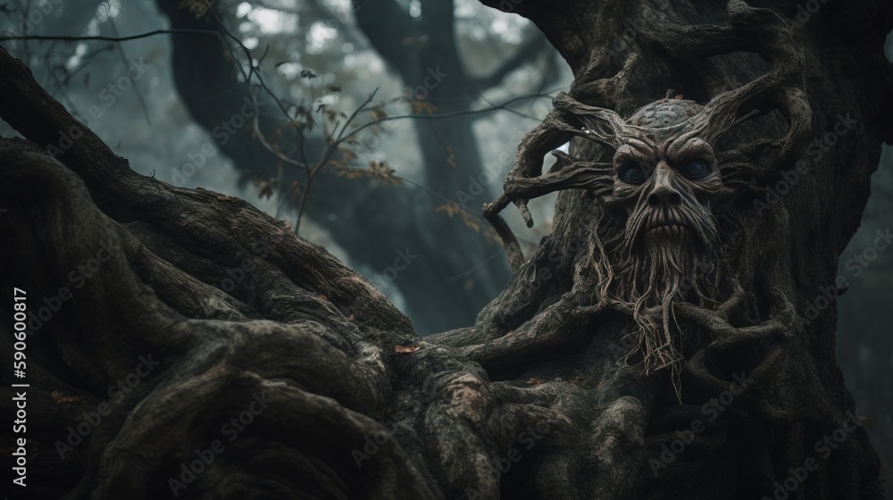 Poster a creepy looking tree with a face on it's face in a forest filled with dead trees and branches, with