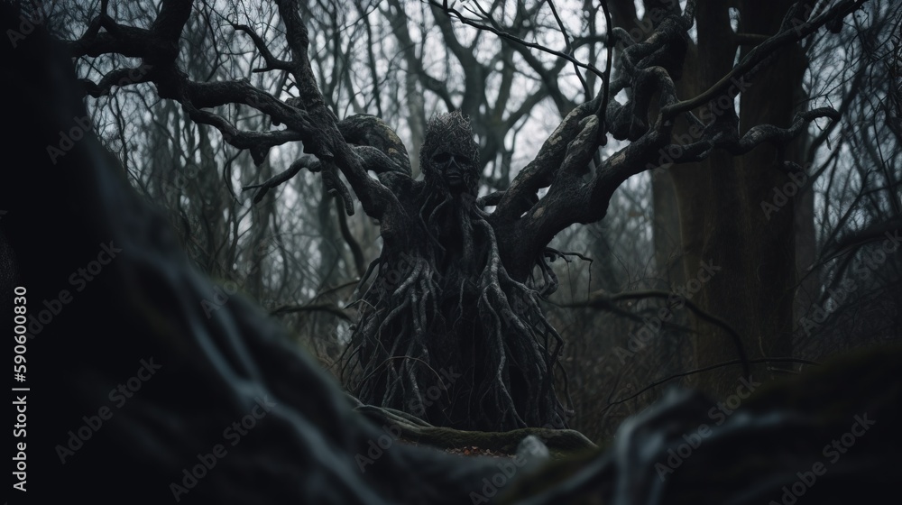 Poster a creepy looking tree in the middle of a forest with no leaves on it's branches and a creepy looking