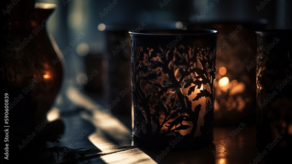 Poster a group of lit candles sitting on top of a table next to a vase with a tree design on the side of it