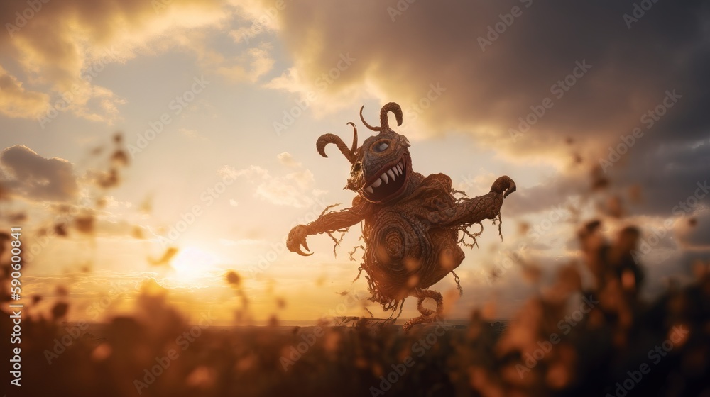 Aufkleber a strange looking creature standing in the middle of a field of grass with the sun in the background