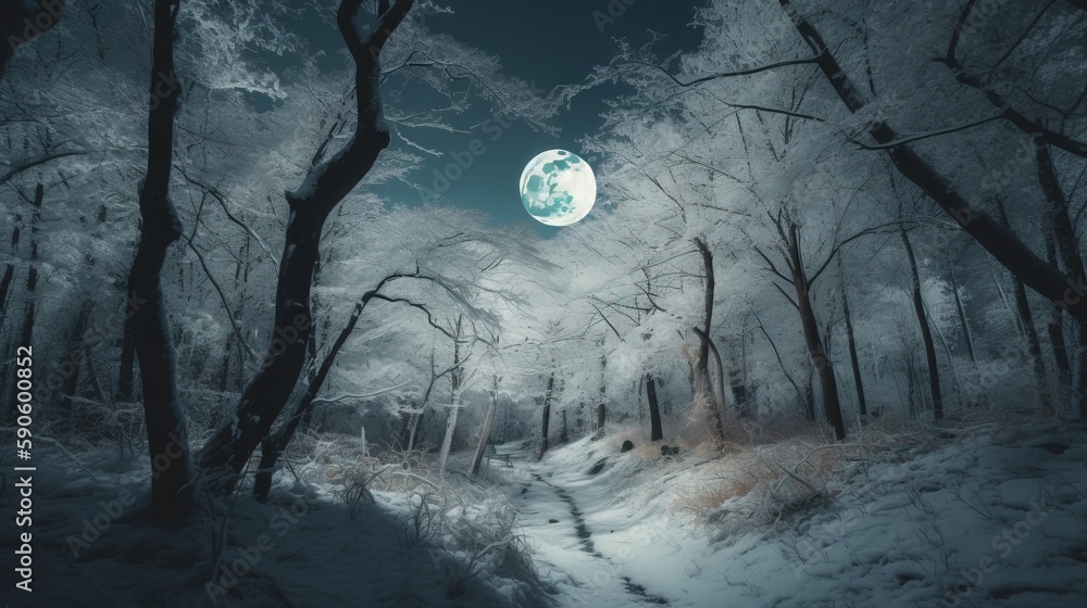 Aufkleber a full moon rises over a snowy forest with a path leading to a path leading to a tree - lined forest