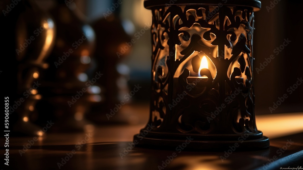 Poster a lit candle sitting on top of a table next to a wall with a clock in the back ground and a candle i