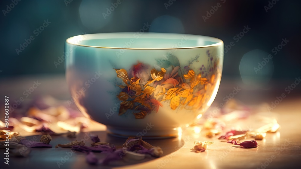 Aufkleber a tea cup with dried flowers in it on a table with a blurry background of petals on the table and on