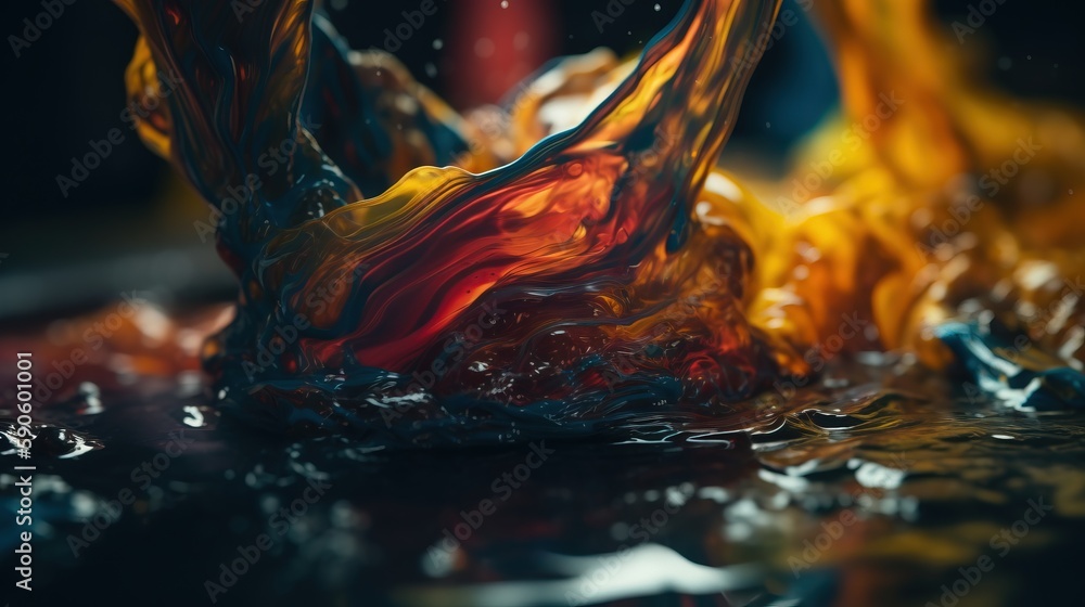 Poster  a close up shot of a colorful liquid splashing on the surface of a table top with a red and yellow object in the background.  generative ai