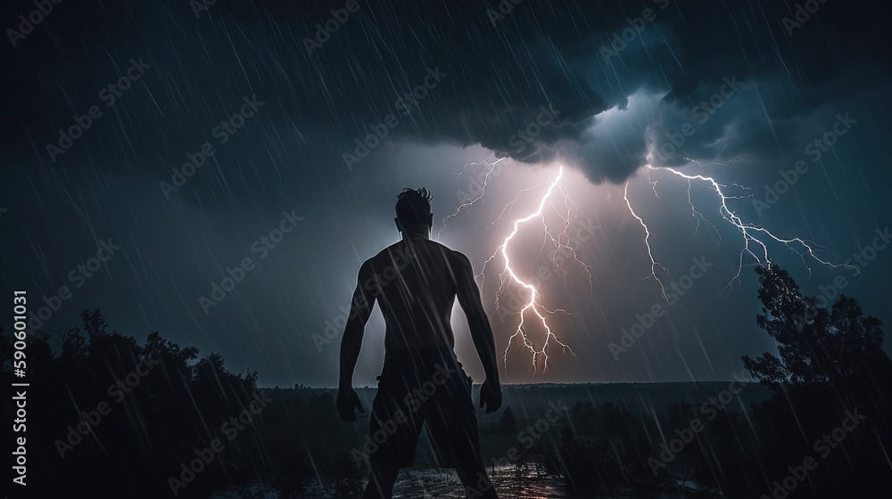 Poster a man standing in the rain with a lightning in the sky behind him and a tree in the foreground, with