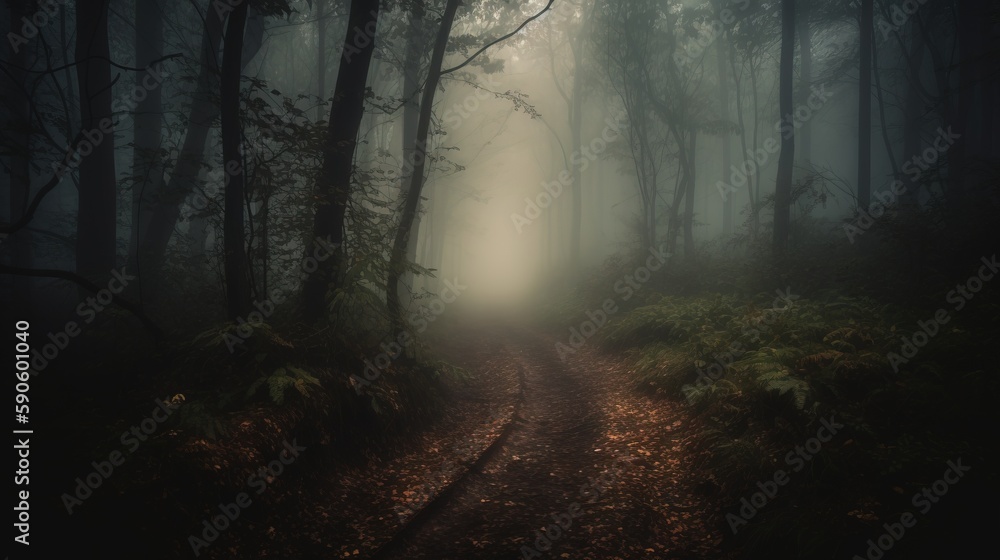 Poster a path in the middle of a dark forest with a light at the end of the trail in the middle of the fore