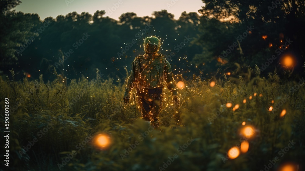Poster a person walking through a field of tall grass with lights on it's head and body in the air, with tr