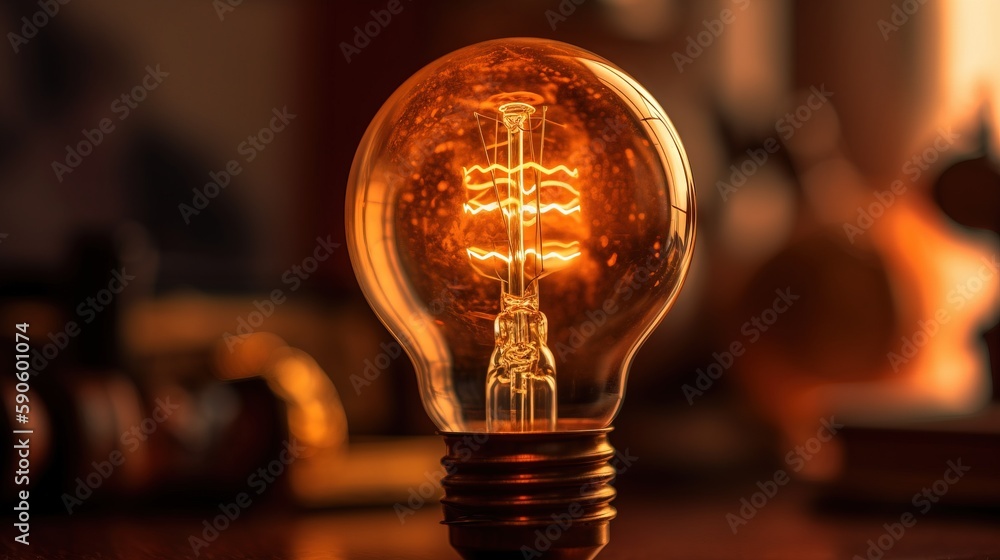 Poster a light bulb with a picture of a lighthouse inside of it sitting on a wooden table in a room with ot