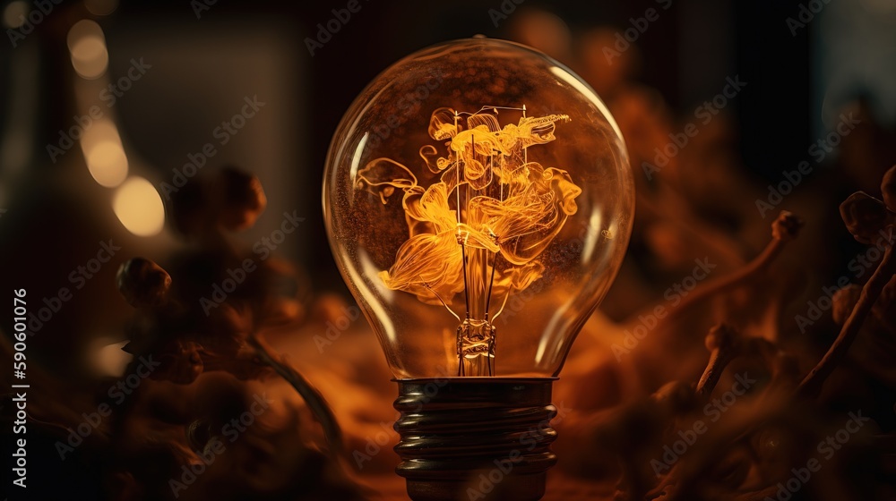 Poster a light bulb with a flower inside of it on a table top with other figurines in the background and a 