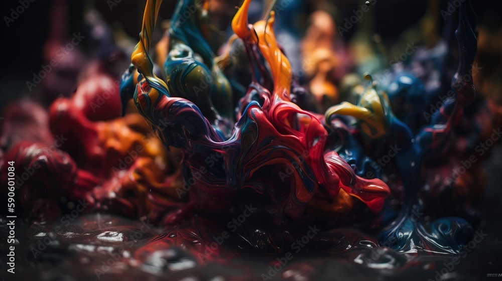 Poster a group of colorful objects that are in the water and on the ground with water droplets on the surfa