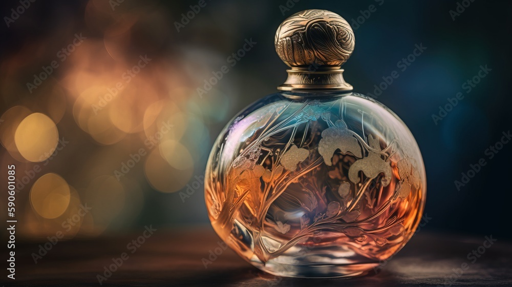 Aufkleber a glass bottle with a tree inside of it on a wooden table with a blurry background of lights and bok