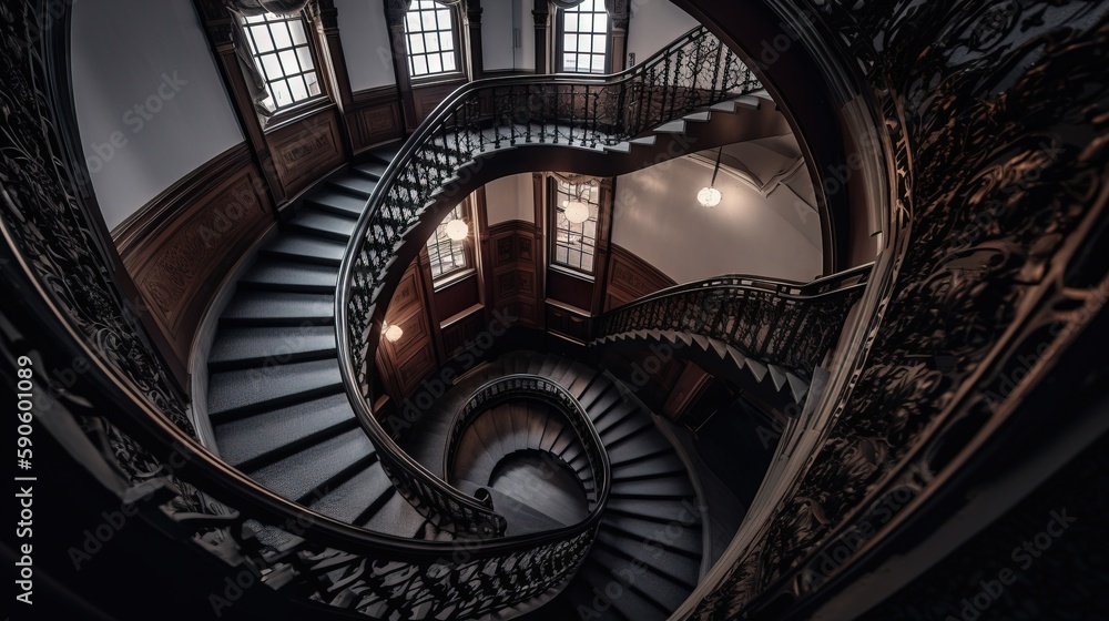 Aufkleber a spiral staircase in an old building with a chandelier and two windows on the second floor of the b
