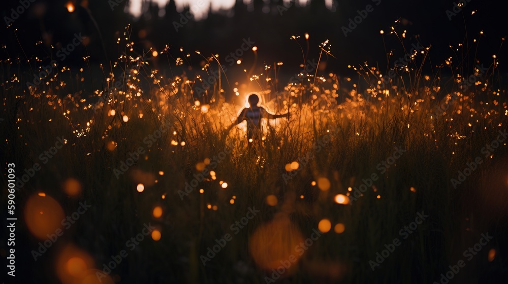 Poster a person standing in a field of tall grass with a bright light shining on the grass behind them and 