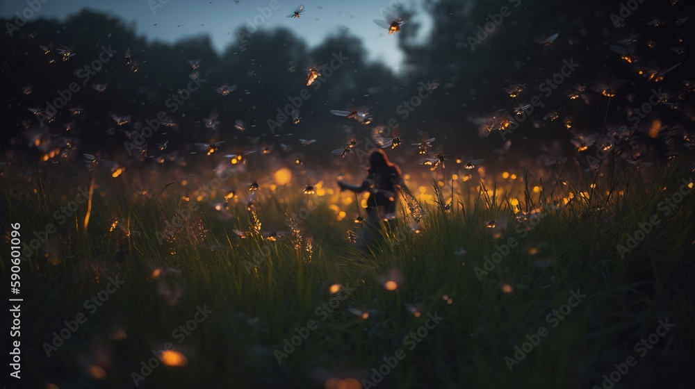 Poster a woman standing in a field of grass with a lot of bees flying around her in the background is a for