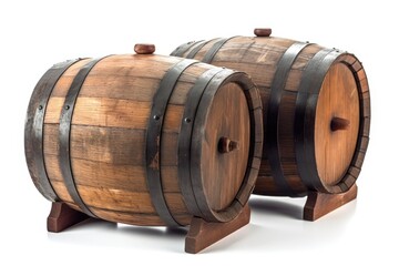 two rustic wooden barrels side by side on a wooden floor. Generative AI
