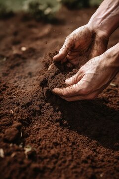hands collect soil and fertilizer
