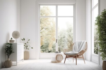 Fototapeta na wymiar minimalistic white room with plants, a chair and a window. Generative AI