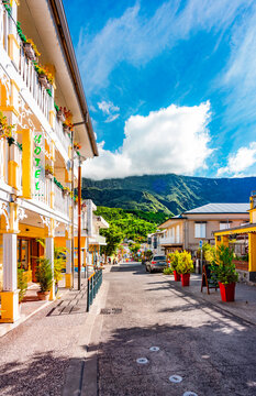 Shopping street in downtown Cilaos in Reunion Island