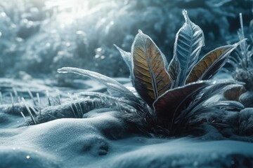 close-up of a winter plant covered in snow. Generative AI