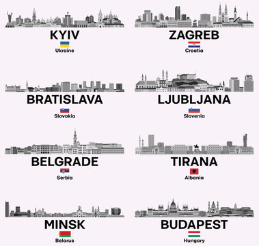 Eastern Europe cities skylines in grey scales color palette vector set