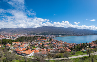 Fototapeta na wymiar Aerial panorama of Ohrid Lake, city of Ohrid. Ohrid is a Macedonian resort and famous tourist destination under the auspices of UNESCO